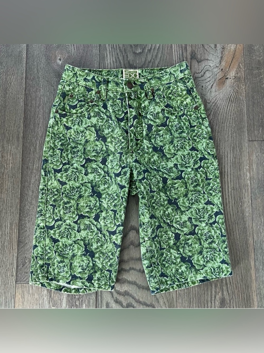 ESPIRIT Vintage 90s High Rise Green Floral Bermuda Denim Jean Shorts 26”